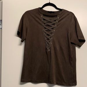 Deep V tie up t-shirt faux suede